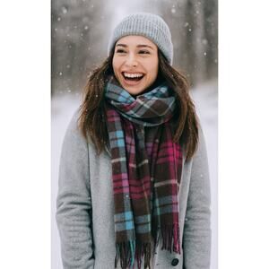 Kate Spade Plaid Fringe Scarf Lambswool Angora Blend Cozy Warm Winter Wrap
